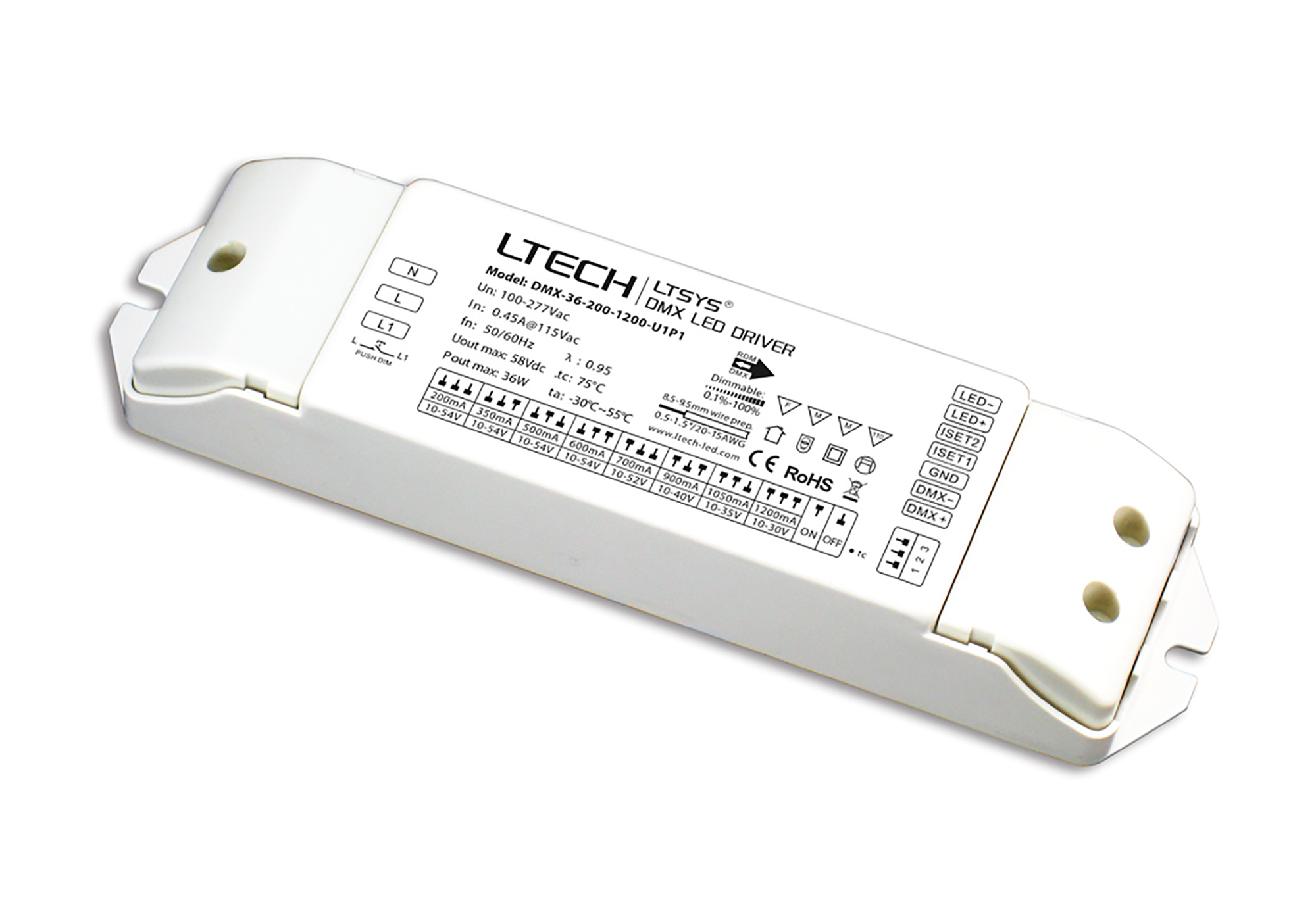 DMX-36-200-1200-U1P1  Push Dim PWM 2-36W Current Dimmable Driver DC:10-54V